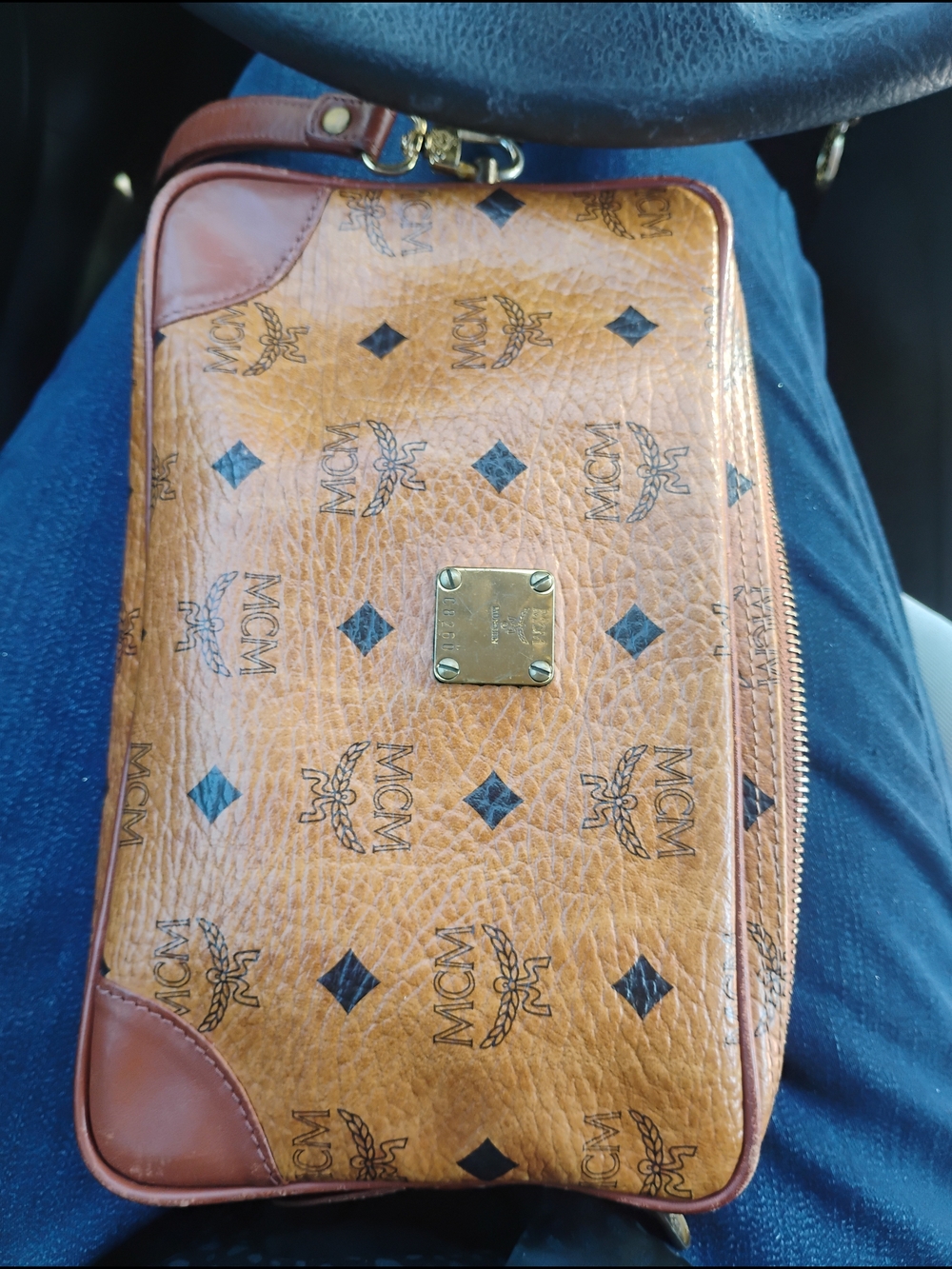Authentic MCM Cognac Monogram Leather Wristlet Zip Clutch Bag
